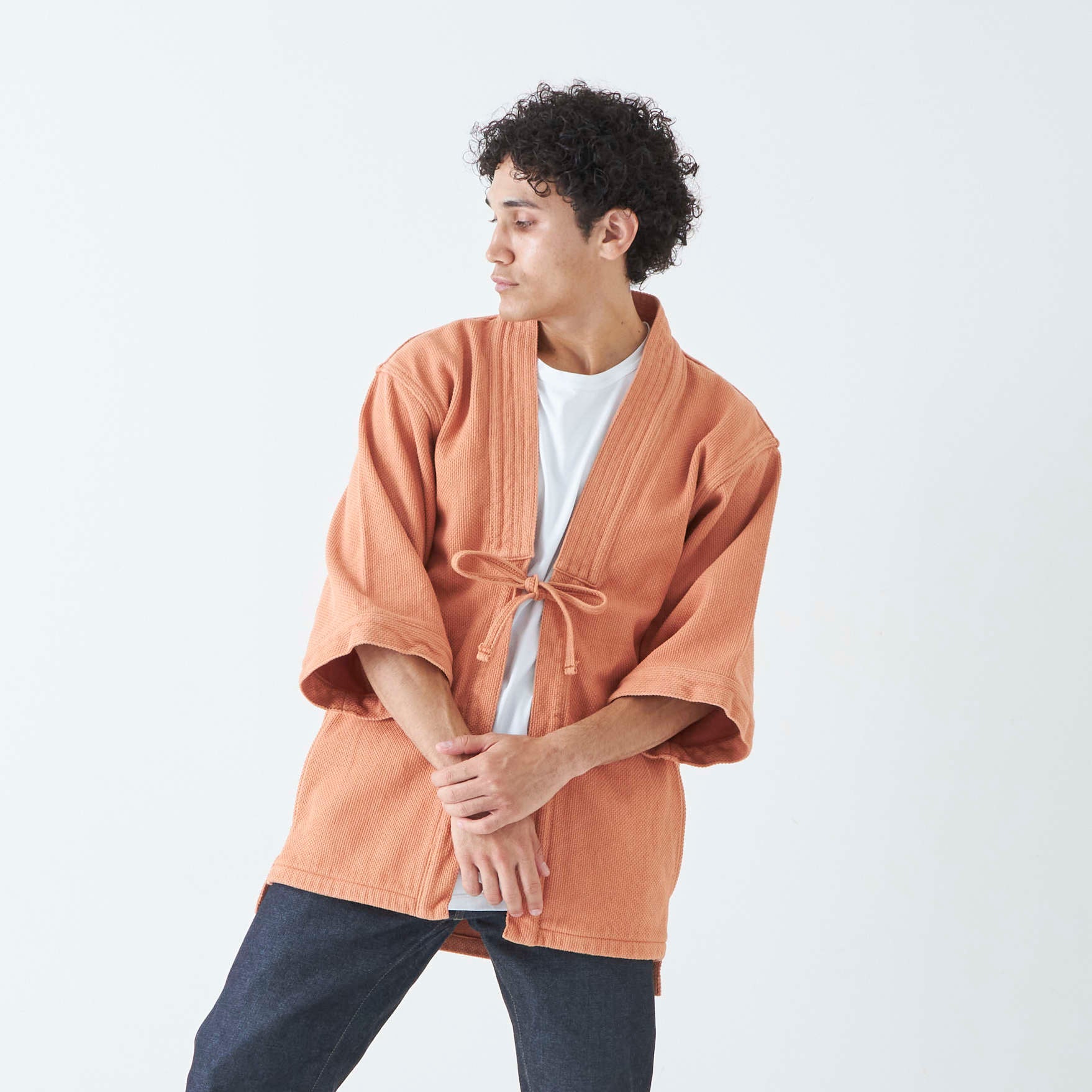 Kimono Jacket in Japanese Sashiko Embroidery | Kakishibu Orange