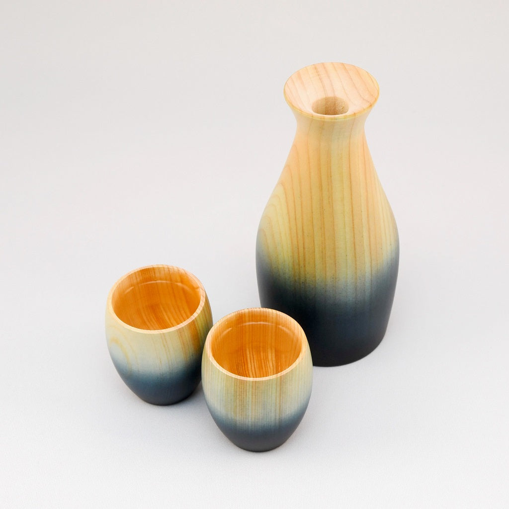 Wood Hinoki Sake Bottle & Cups Set (Indigo Japan Blue)