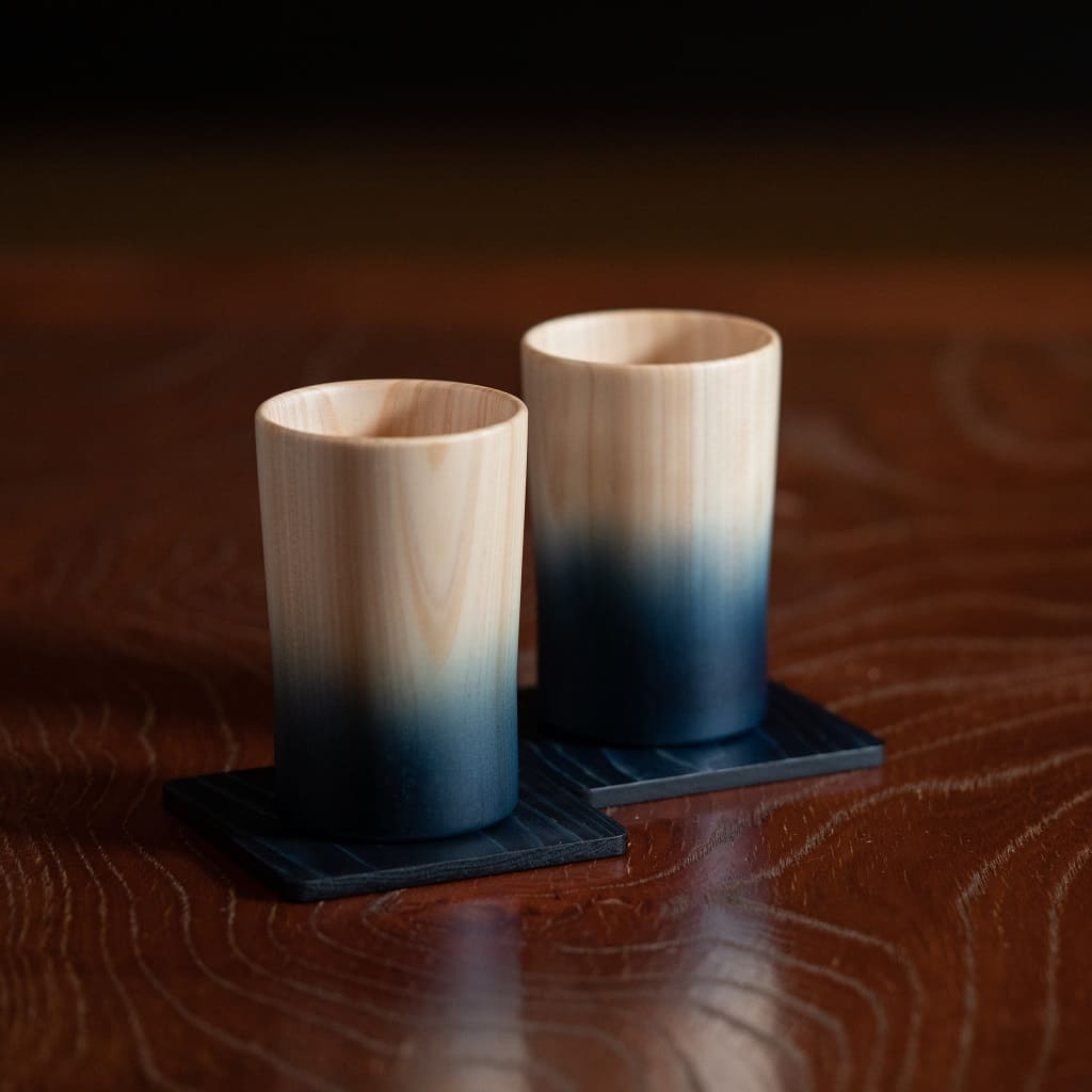 Wood Hinoki Pair Cups (Indigo Japan Blue)