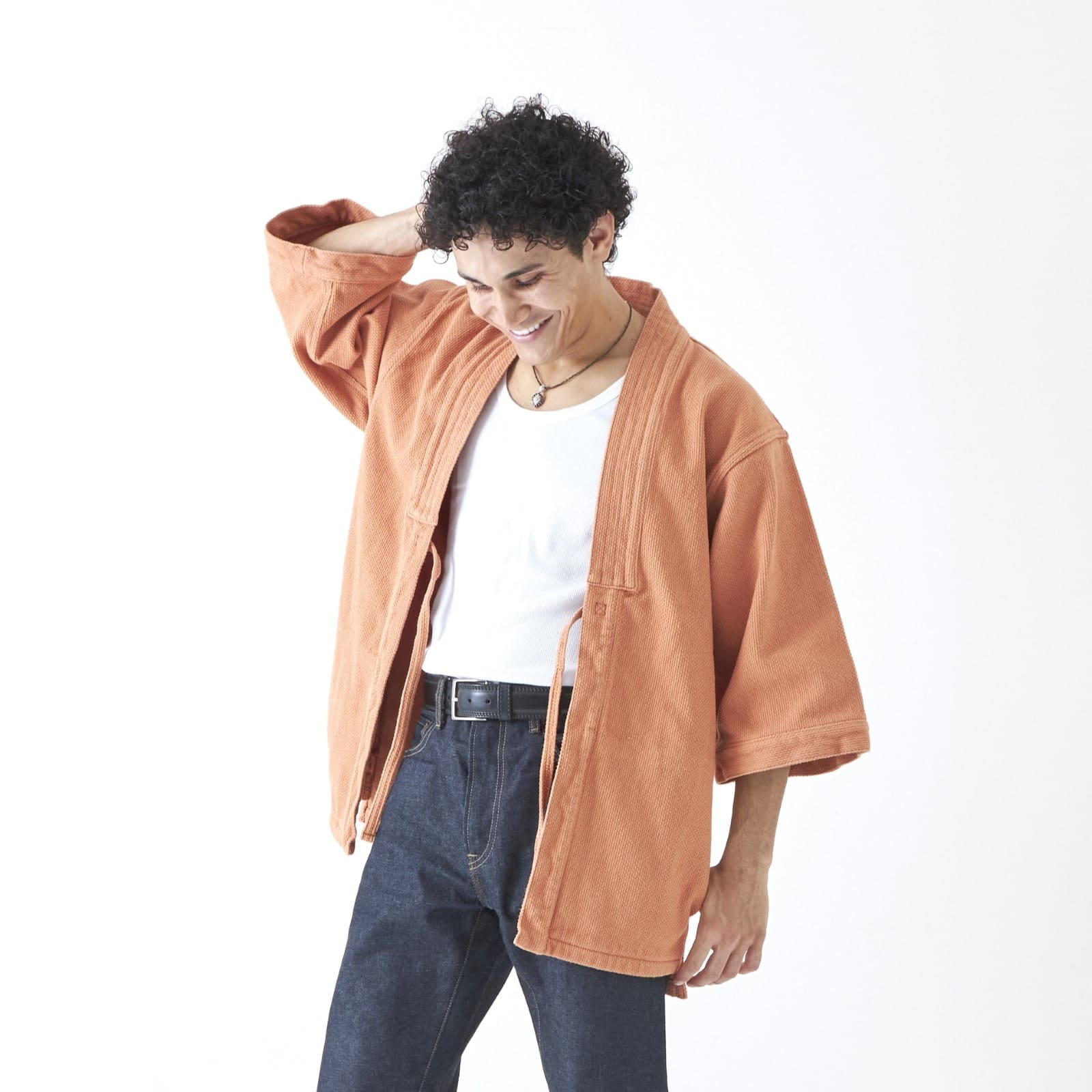 Kimono Jacket in Japanese Sashiko Embroidery Kakishibu Orange